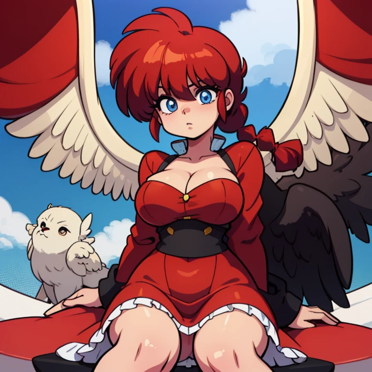 Ranmachan, cabello rojo, Cabello con trenza, ojos azules, ojos detallados, Angel, alas de angel, oreola dorada, alas de angel,