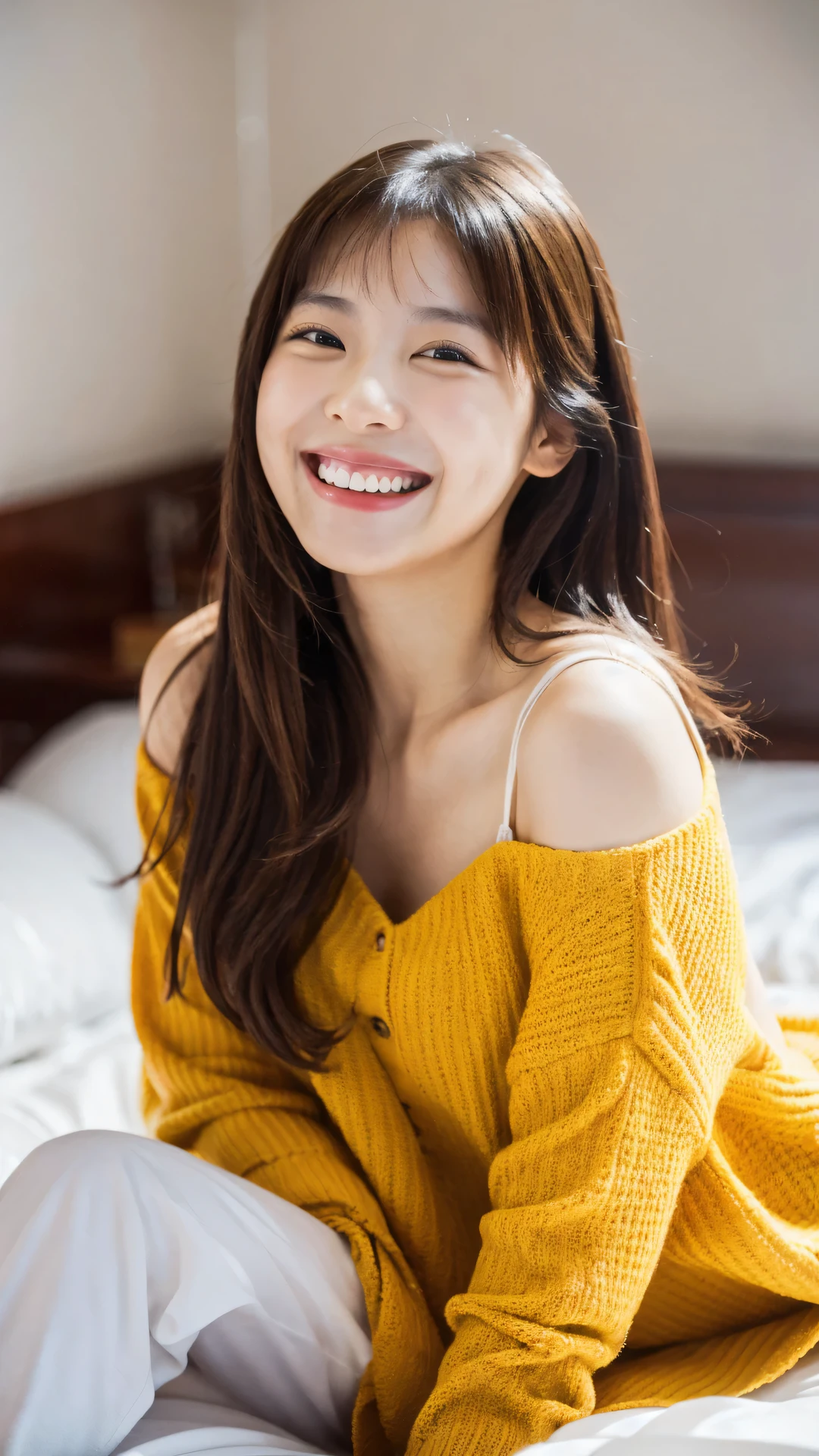 (Raw photo, highest quality), (8K, highest quality, masterpiece: 1.2), Super detailed, super resolution, beautiful girl, (laughing:1.1), on the bed