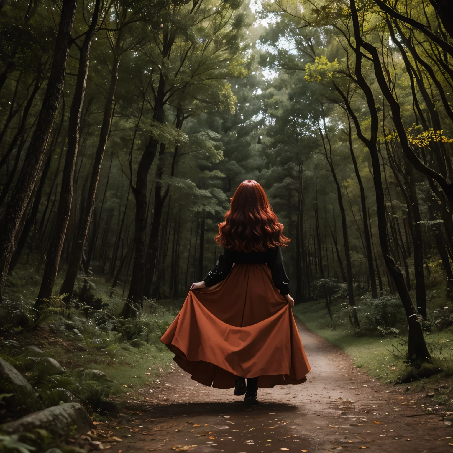 Una chica pelirroja en medio de un bosque a mitad de la noche junto con un chico mas alto de cabello negro.