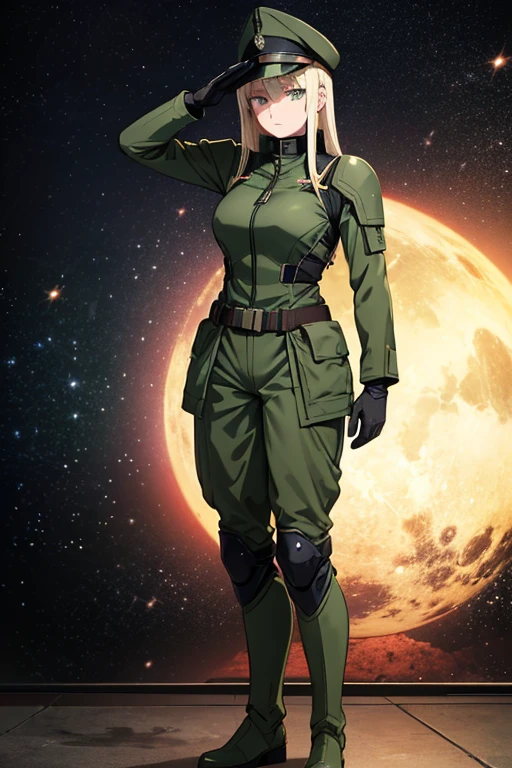Anime Art、Full body portrait、Space Sci-Fi Soldier、A Russian woman, around 170cm tall, around 48 years old, wearing dark green body armor, standing upright and saluting with her right hand、Expressionless、Medium length platinum blonde hair、Dark green eyes、gloveilitary boots、Dark green military cap
