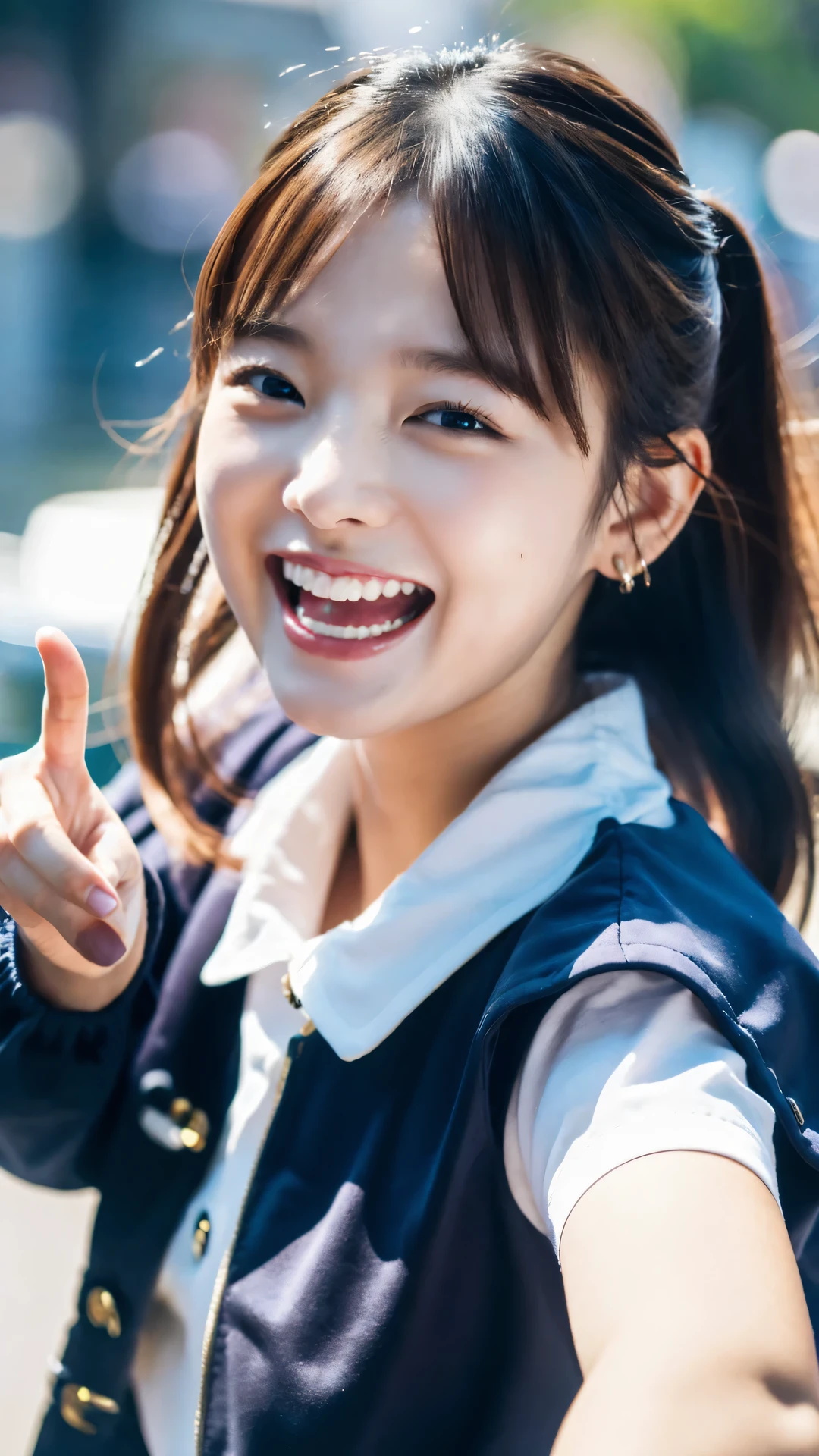 (8K, highest quality, masterpiece: 1.2), Super detailed, super resolution, a beautiful girl, pointing at viewer, (huge Laughing:1.1), (open mouth:1.1), 