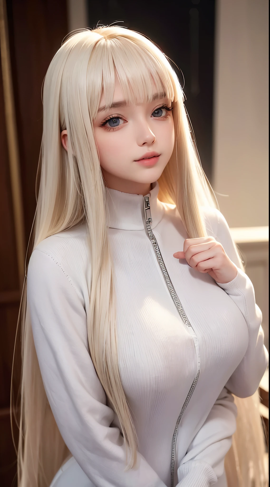 (Baby Face, Virgin face,  masterpiece, High resolution, 8k, 1 girl, Super detailed, Fine skin, White skin, Lighten up the subject, Cinema Lighting, Beautiful Face, Fine grain, Lip gloss), (((Detailed anatomy))), Blonde, Super long hair, Hime cut, Silky straight hair, Blunt bangs, blue eyes, (Slender body), ((Saggy breasts)), (((Large Breasts))), photograph, (Focus on the upper body), Cute smile, View your viewers, Wearing a white knit long sleeve, Wearing a white knit long sleeve, Blonde Super long hair, Straight long hair, Hime cut, Silky straight hair, Blunt bangs, Blunt bangs, lure, 28 year old girl,The front zipper is open,A face plagued by shame