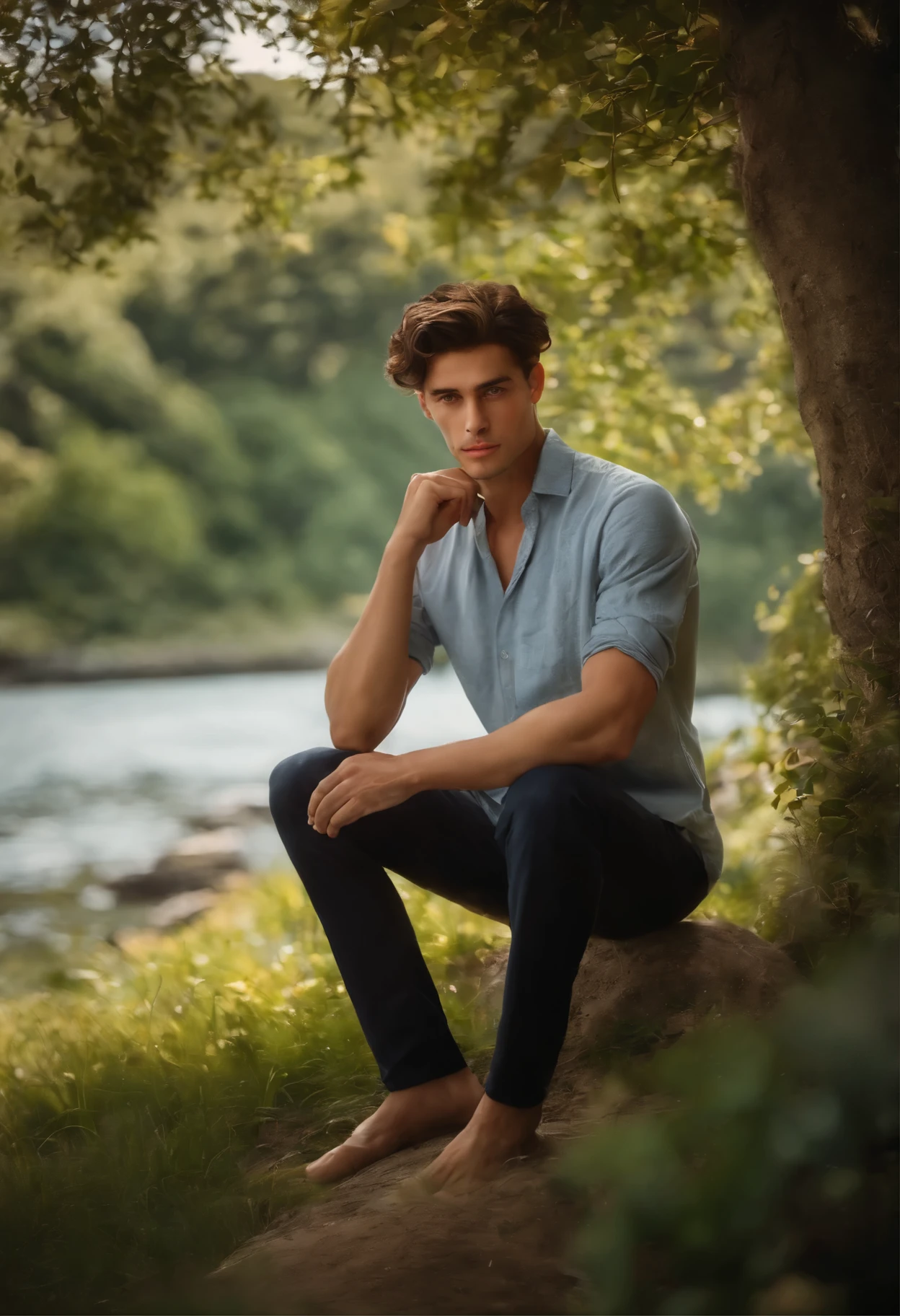 fullbody portrait, by John Singer Sargent, photorealistic, photoshoot, fullbody, 1 man, sad siting in the garden, a tear drops on his face A ultra-detailed illustration, cinematic, soft colors, mate efects, volumetric ligthing, becoming the subject composition, rule of thirds, A young man of 22 years old, black short wavy hair, , thin face, square chin, roman nose, straight browneyes, medium green eyes, thin lips, shape yawl, taned skin, divine dimensions,, 190cm tall, very handsome, barefoot, detailed feet, muscled atlethic tonned body, slender ultra detaliled muscles, He is siting on the grass in the garden, barefoot, shirtless, wearing blue jeans, ???? look barefoot, intimidating, threatening look, shirtless, in a cabin with large windows that look at the sea in the background large windows that look at the sea The image is a masterful composition of color, shape, and form, creating a sense of harmony and balance ultrdetailed, intincate detailed image, realistic, combine vivid color and soft colors to generate realisim sense, combine lights and shadows to generate deep sense, cuerpo entero, cuerpo completo, piso de madera
