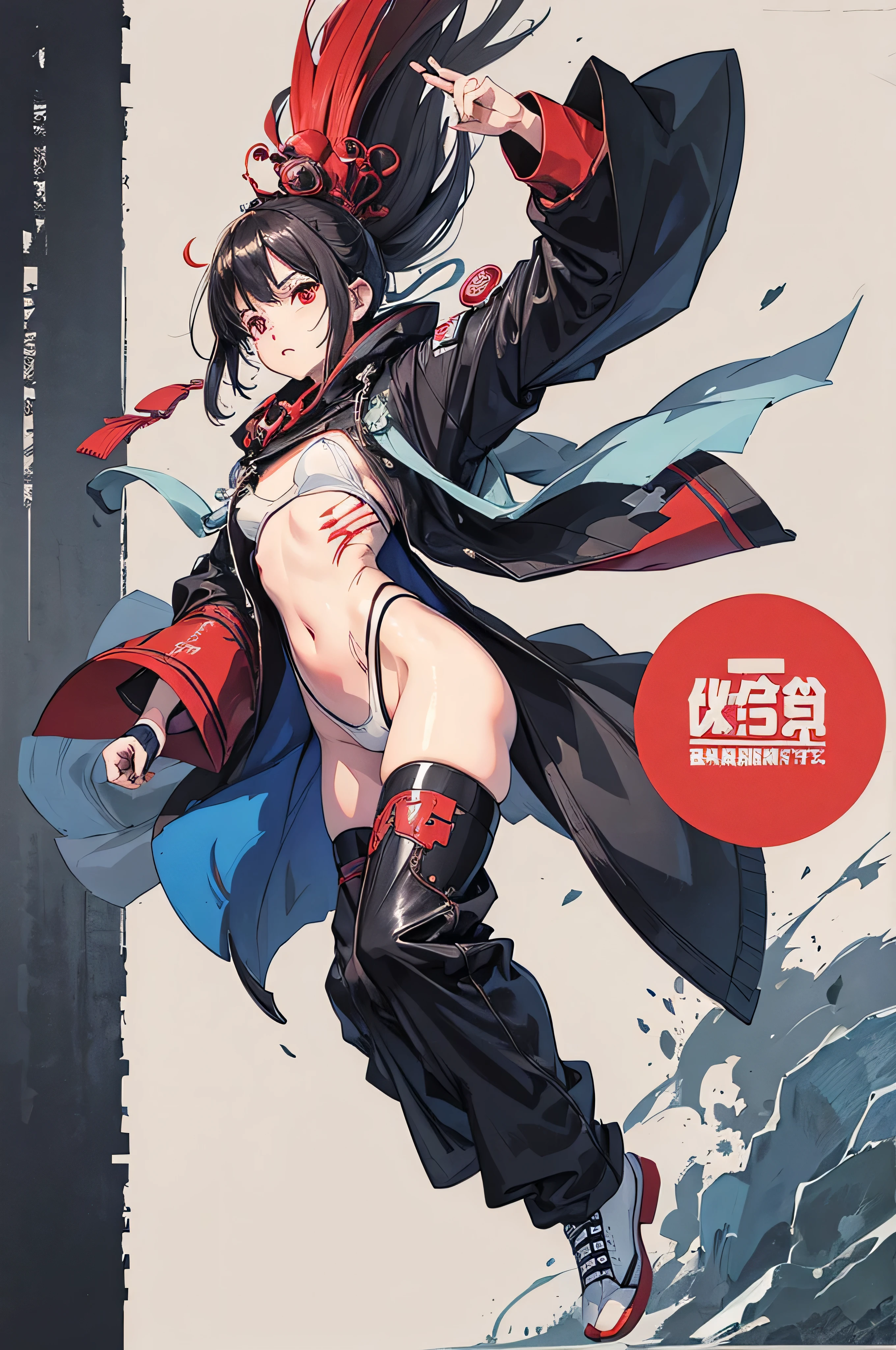 Artworks by Katsuya Terada, Murata series of artworks, Art of Ajman, JUNNY&#39;s Artwork, Full body shot portrait of cute slim young Japanese hot girl, battle scars, Realistic skin texture, A few medium moles, wear a suit, Get a gun, San Diego&#39;s Red Circle, Red and blue movie lights, Very detailed, Ray Tracing, number, concept art, Smooth, Clear focus, illustration, 8k