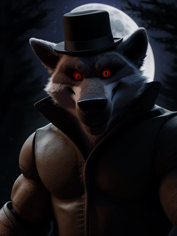 best quality, ultra high res,1furry boy, solo,detailed eyes, volumetric lighting, amazing, finely detail, white fur, red eyes, white sclera, bright pupils, bright atmosphere, muscular, upper body, from back Looking at the viewer Bowler hat (with a red robotic eyes) animated background of a forest with full moon