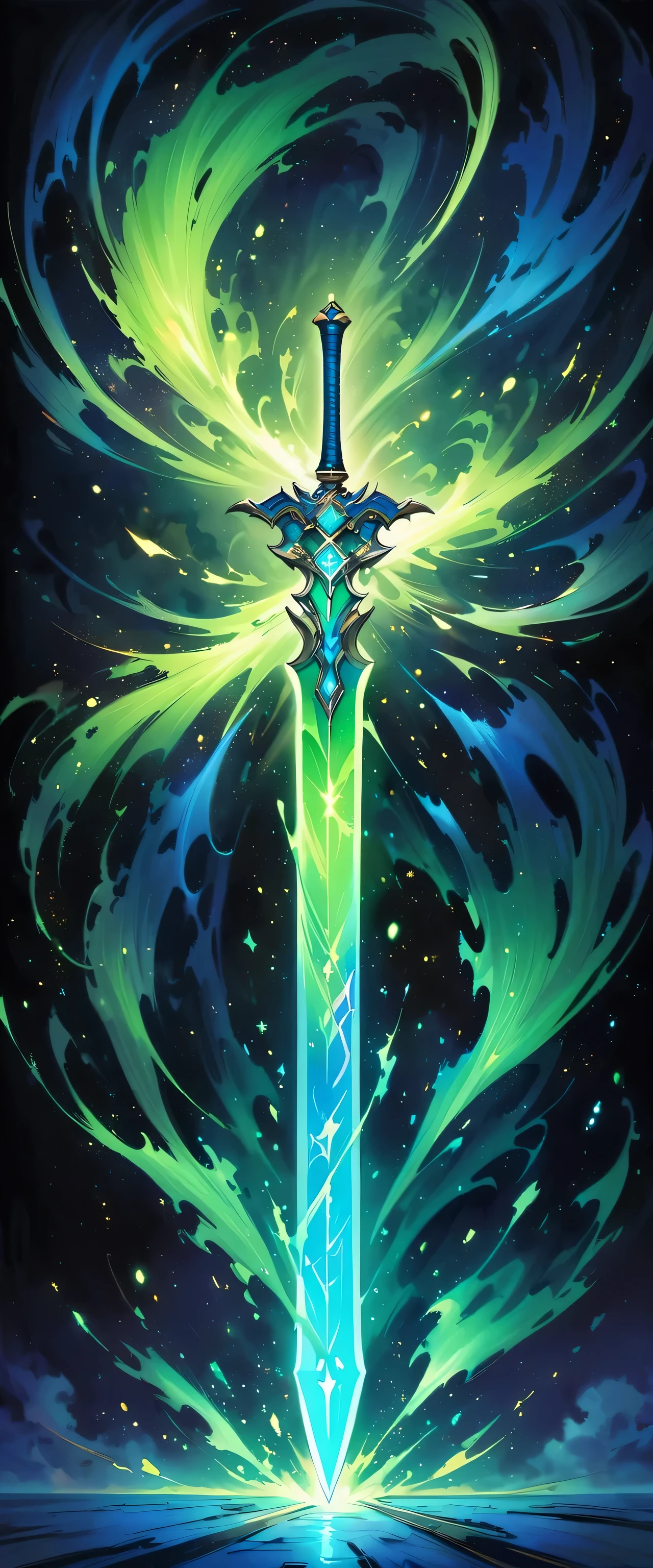 A sword，whole body:1.5，Dazzling green giant sword with white smoke coming out from black background, Great writing, Shiny green