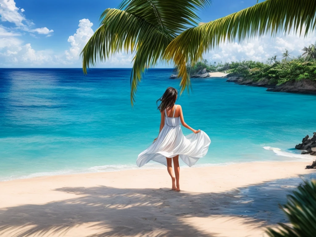 A girl playing around on the Blue Coast, with a blue sky, white clouds, and coconut trees. (best quality,4k,8k,highres,masterpiece:1.2),ultra-detailed,(realistic,photorealistic,photo-realistic:1.37), vivid colors, beach scenery, sea breeze, sandy beach, joyful expression, flowing dress, tropical paradise, crystal clear water, vibrant sunlight, serene atmosphere, palm tree shadows, gleaming ocean waves, playful laughter