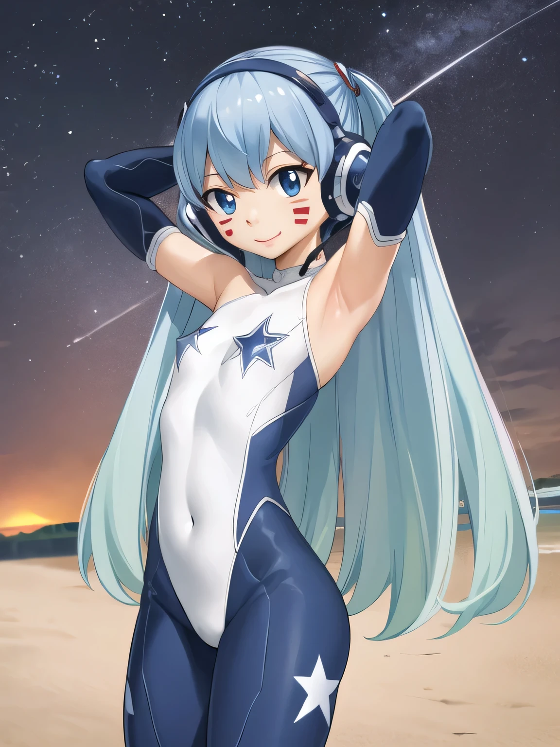 masterpiece, best quality, highres, aamio, long hair, twintails, facial mark, headphones, small breasts, white bodysuit, skin tight, gloves, contrapposto, spread armpit, arms behind head, smile, solo, looking at viewer, (cowboy shot:1.5), cyberpunk, smile, night sky, beach,