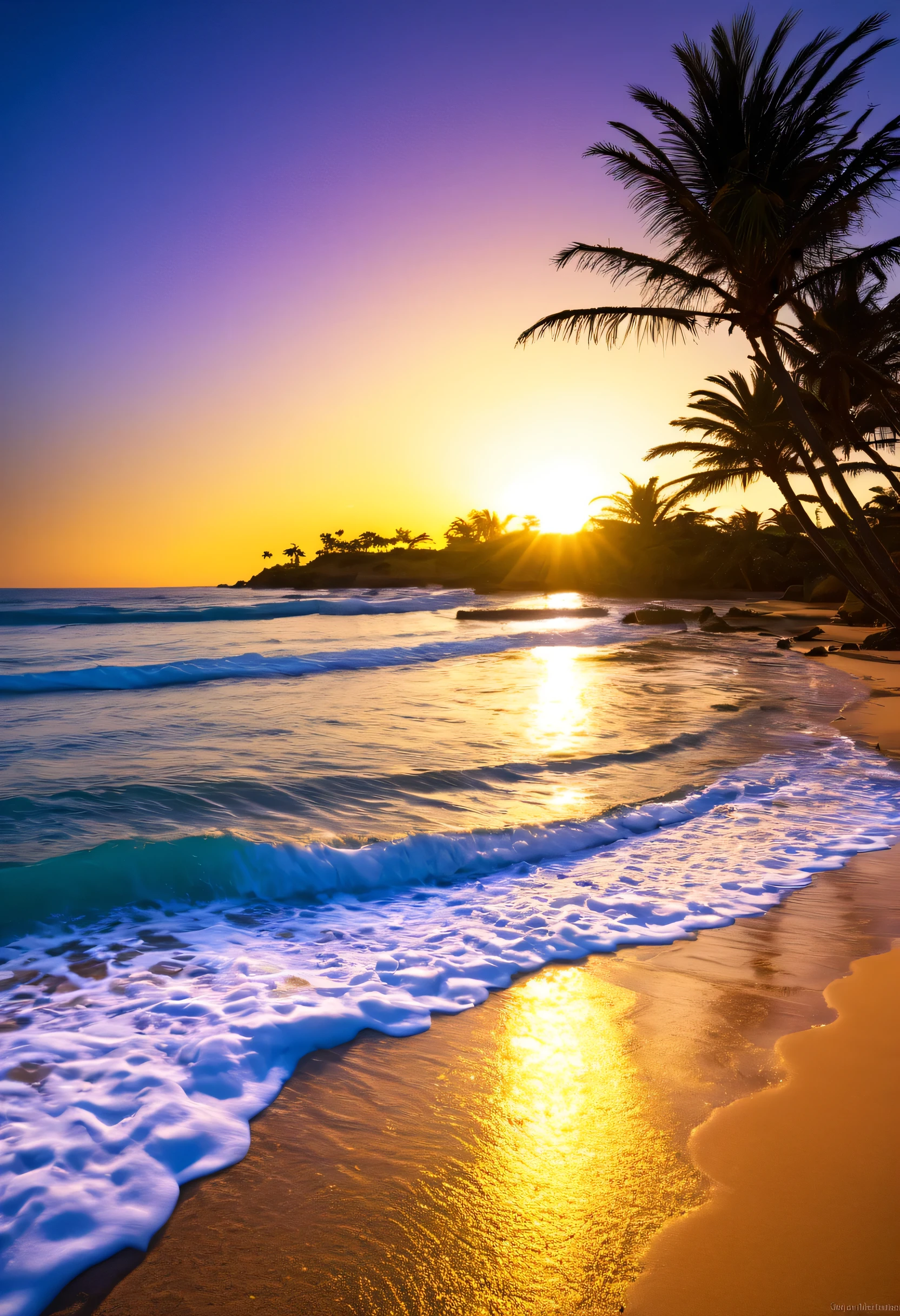 costa azul, paisaje de una playa paradisiaca, palmeras, arena blanca, gaviotas, hermosas olas rompiendo en la playa, atardecer, sun falls illuminating the waters photograph taken by a professional photographer:1.5, representative of this beautiful tourist landscape, magical, obra maestra, photography awarded for its beauty, colores vividos y armoniosos, cinematic lighting, 32k