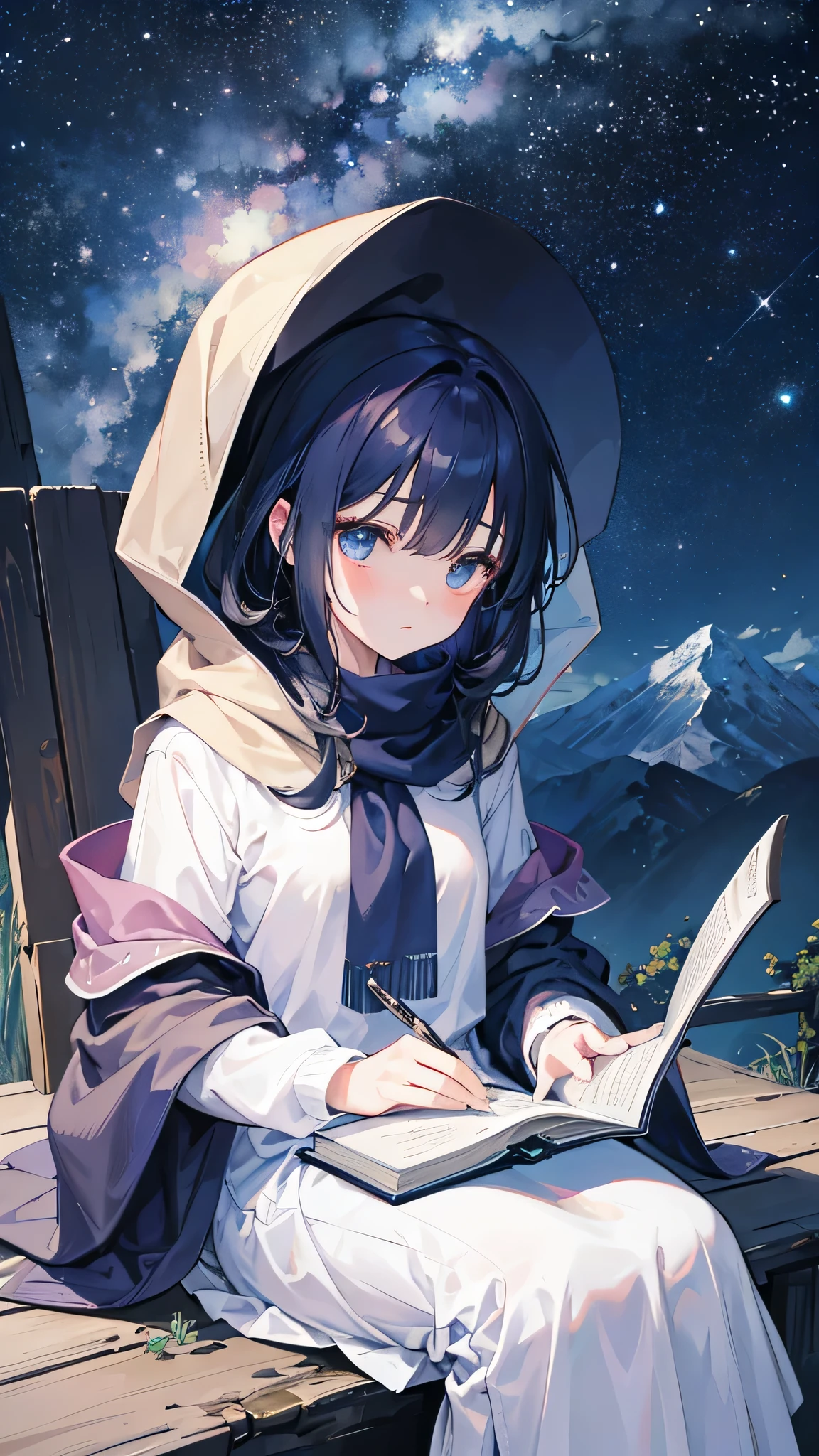 Craft an 8k ultra-high-definition anime-style masterpiece that captures the serene and introspective moment of a beautiful young girl writing poetry under a starlit sky atop a mountain peak. Wrapped snugly in a soft, cozy blanket against the chill of the high altitude, she is seated with a notebook in her lap and a pen in hand, her expression a blend of contemplation and inspiration.
Her surroundings are breathtaking—the vast, open sky above is a canvas of twinkling stars and distant galaxies, rendered with meticulous attention to the play of light and shadow that the celestial bodies cast. The mountain peak offers a panoramic view of the world below, bathed in the gentle glow of moonlight, which also illuminates her features and the pages of her notebook.
The girl's attire is simple yet elegant, suitable for the cool mountain air, with subtle hints of her artistic nature reflected in the design of her clothes and accessories. The blanket around her shoulders is textured, adding warmth both visually and in ambiance, while her hair is styled loosely, cascading over her shoulders, stirred slightly by the mountain breeze.
This scene is not just a visual treat but also a storytelling piece, inviting viewers to ponder the verses she might be penning about the vastness of the universe or the quiet solitude of her mountain retreat. Every detail, from the soft fabric of the blanket to the intricate patterns of the starry sky and the thoughtful gaze in her eyes, is crafted to draw the viewer into this peaceful, poetic moment in a beautiful natural setting.