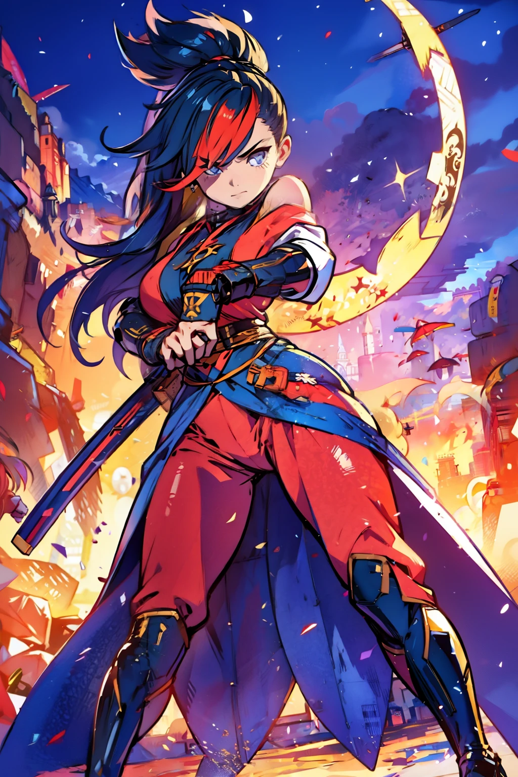 gorgeous woman, holding a giant katana on her shoulder, perfect face, ultra long hair, standing, ultra detailed face, kunoichi, perfect giant katana, heavy katana