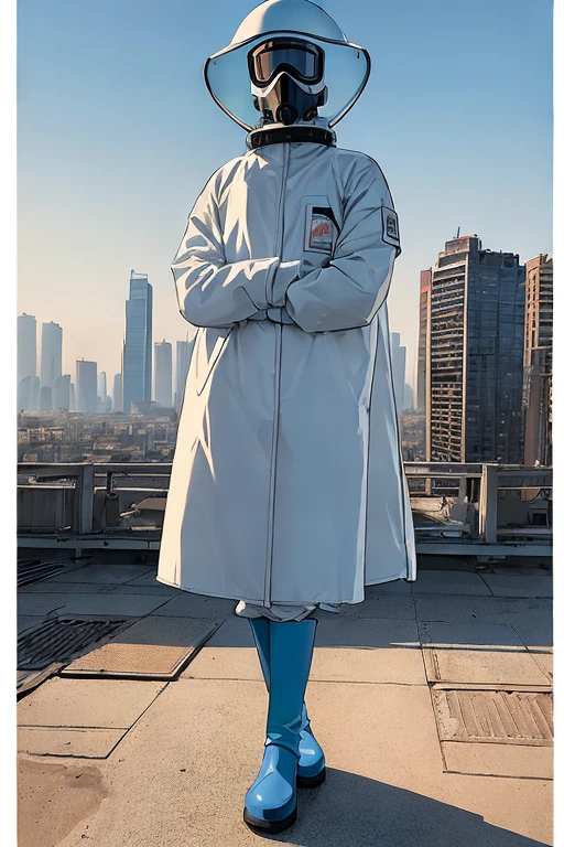 full body image,  (ultra detailed,ultra high res,detailed background),((2D)),((flat color)),((muted color)), 1solo, looking at viewer, white hazmat suit, (big red galoshes), plush collar, full body image, square helmet, ((smokey blue cityscape background)), ((apocalyptic city)), entire body in frame, 