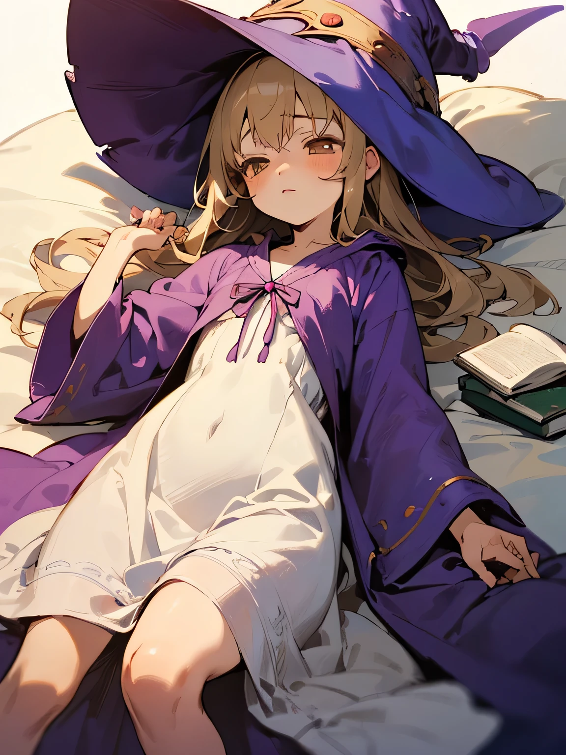 ((Masterpiece)), (((best quality))), hips wide open, Yellow eyes, long blonde hair, ((shot White sleeping dress)), purple robe, (((purple wizard hat))), ((little girl)), (shy), (loves books),