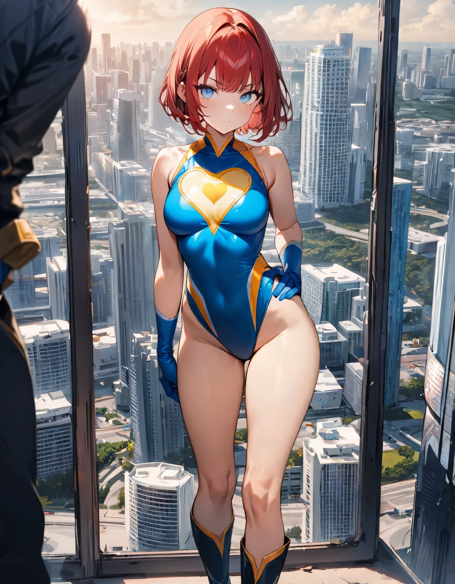 ((masterpiece)), ((best quality)), ((high res)), 1girl, solo, solo focus, single, superhero, heroic, (leotard, gymnast outfit leotard, dark blue leotard with yellow accents, sleeveless, bare legs), (knee boots, matching boots), looking at the viewer, miami city backdrop, perfect hands, complete fingers, (blue gloves, matching gloves), perfect anatomy, perfect proportions, medium breasts, (red hair, short hair, bob hair, bangs), light blue eyes, beautiful detailed eyes, beautiful detailed face, cute face, hands on hip, standing, standing straight, full body with costume, cowboy shot, ((yellow heart symbol on chest)), serious