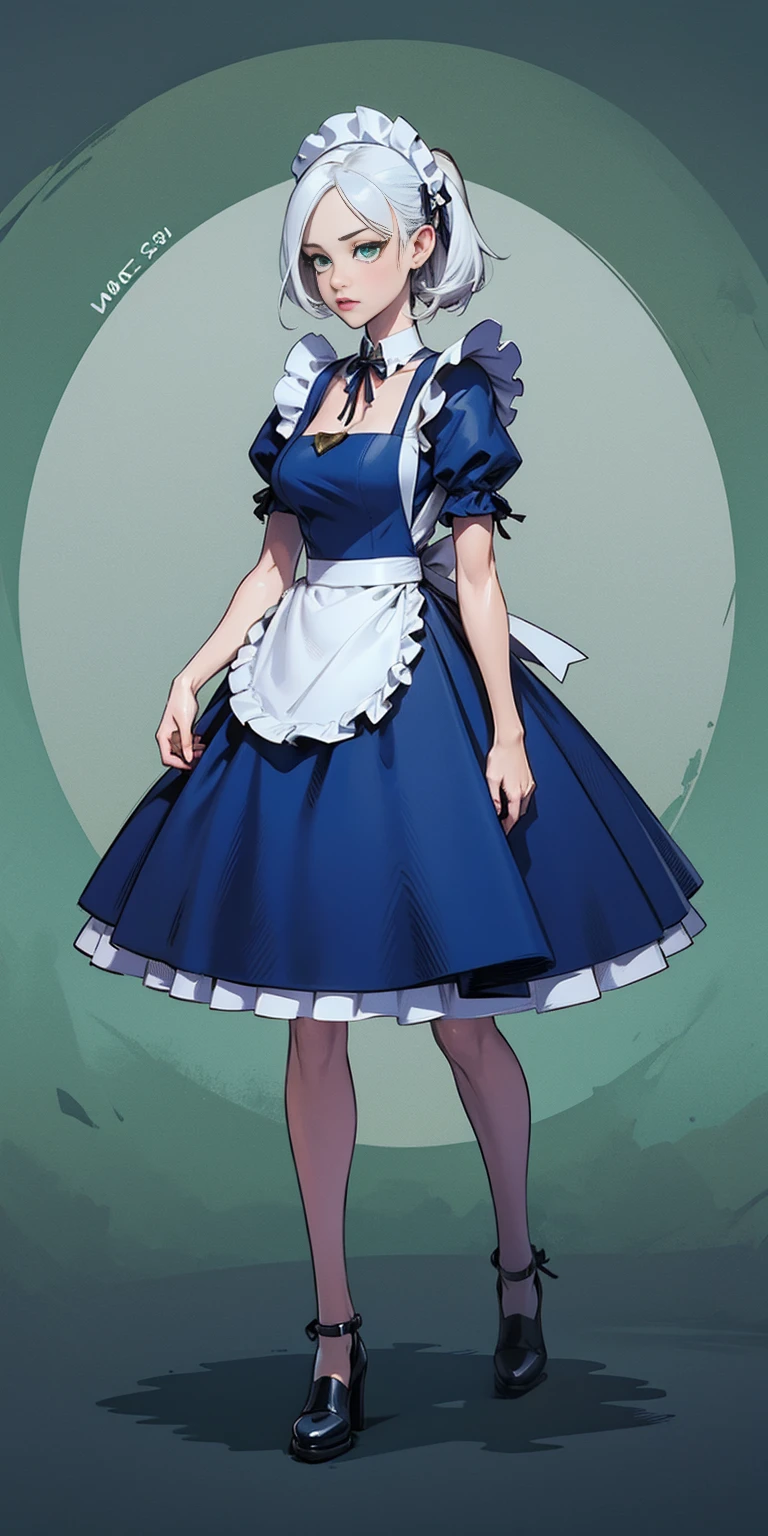 (masterpiece, top quality, best quality), pixel, pixel art, 1girl, full body, white hair, green eyes, blue maid dress