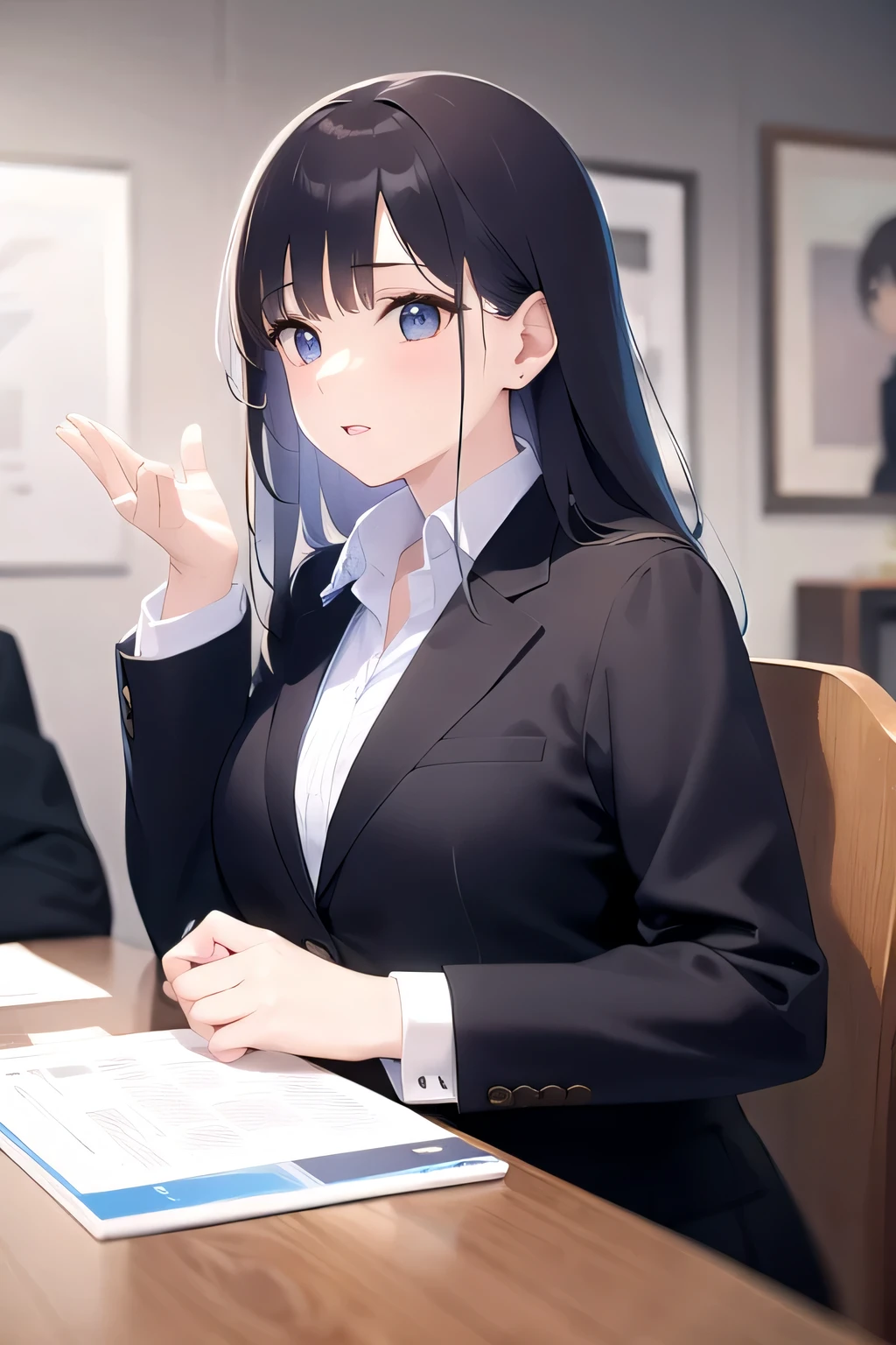 Three Men in Suits、two women in suits、Everyone is having a conversation、The background is the office