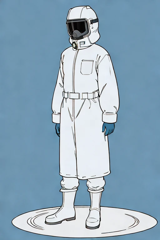 (ultra detailed,ultra high res,detailed background),((2D)),((flat color)),((muted color)), 1solo, looking at viewer, white hazmat suit, (big red galoshes), plush collar, full body image, square helmet, ((smokey blue background))