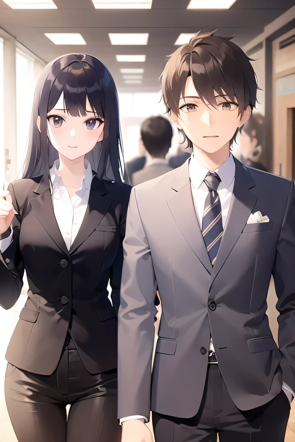 Three Men in Suits、two women in suits、Everyone is having a conversation、The background is the office