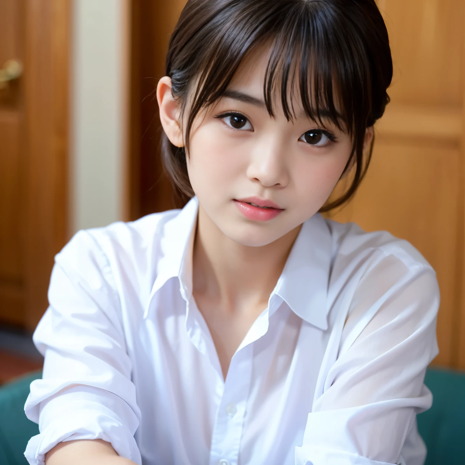 Best-quality, Masterpiece, Ultra-High-Resolution, (Photorealistic:1.4), Raw-Photo, 1girl, the most famous Japanese idol, 15-years-old, wearing white dress-shirt, ((loosening shirt collar)), extremely cute face, extremely beautiful big-black-eyes, extremely beautiful black-short-cut-haired, extremely beautiful skins, extremely beautiful long-eyelashes, extremely beautiful lips, extremely beautiful hand, extremely beautiful fingers, looking at viewer