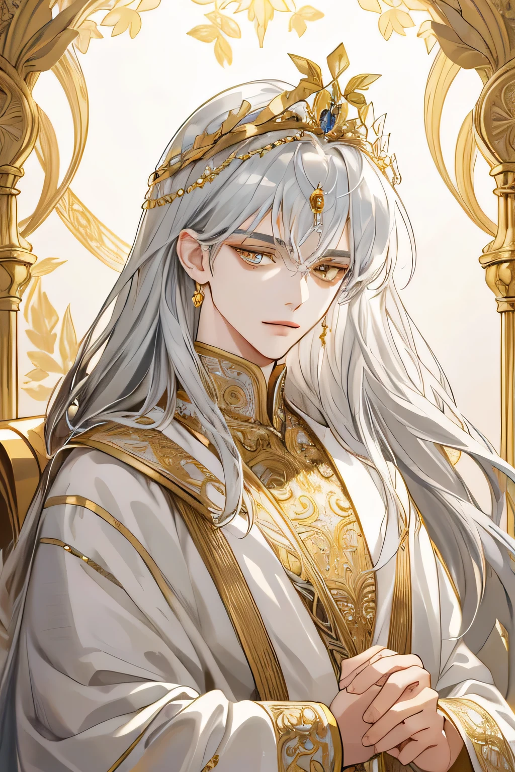 (extreamly delicate and gentle:1.2), 8K,(masterpiece:1.0),(best_quality:1.0), 1 boy, and intricate detailing, Enlarged textures, and intricate detailing, finely eye and detailed face, and intricate detailing, silver gold long Hair, (closed mouths), Perfect eyes, Equal eyes, golden eyes ,sharp eyes (A male god) with tiara leaf crown khas yunani romawi