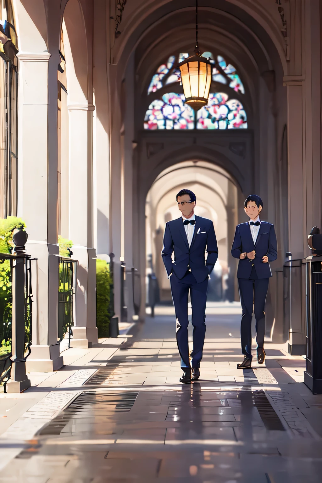 Three Men in Suits、two women in suits、Everyone is having a conversation、The background is the office