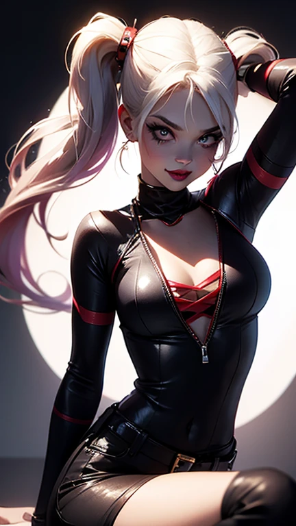 Harley Quinn from Batman、Harley Quinn in the live-action movie、One Woman、Having your photo taken by a friend、Twist the ends of your hair with your fingers、pov、insanity、Devilish smile、detailed、Masterpiece、Cinema Lighting、Spread your legs、Have a metal bat、Queen style、Strong posing