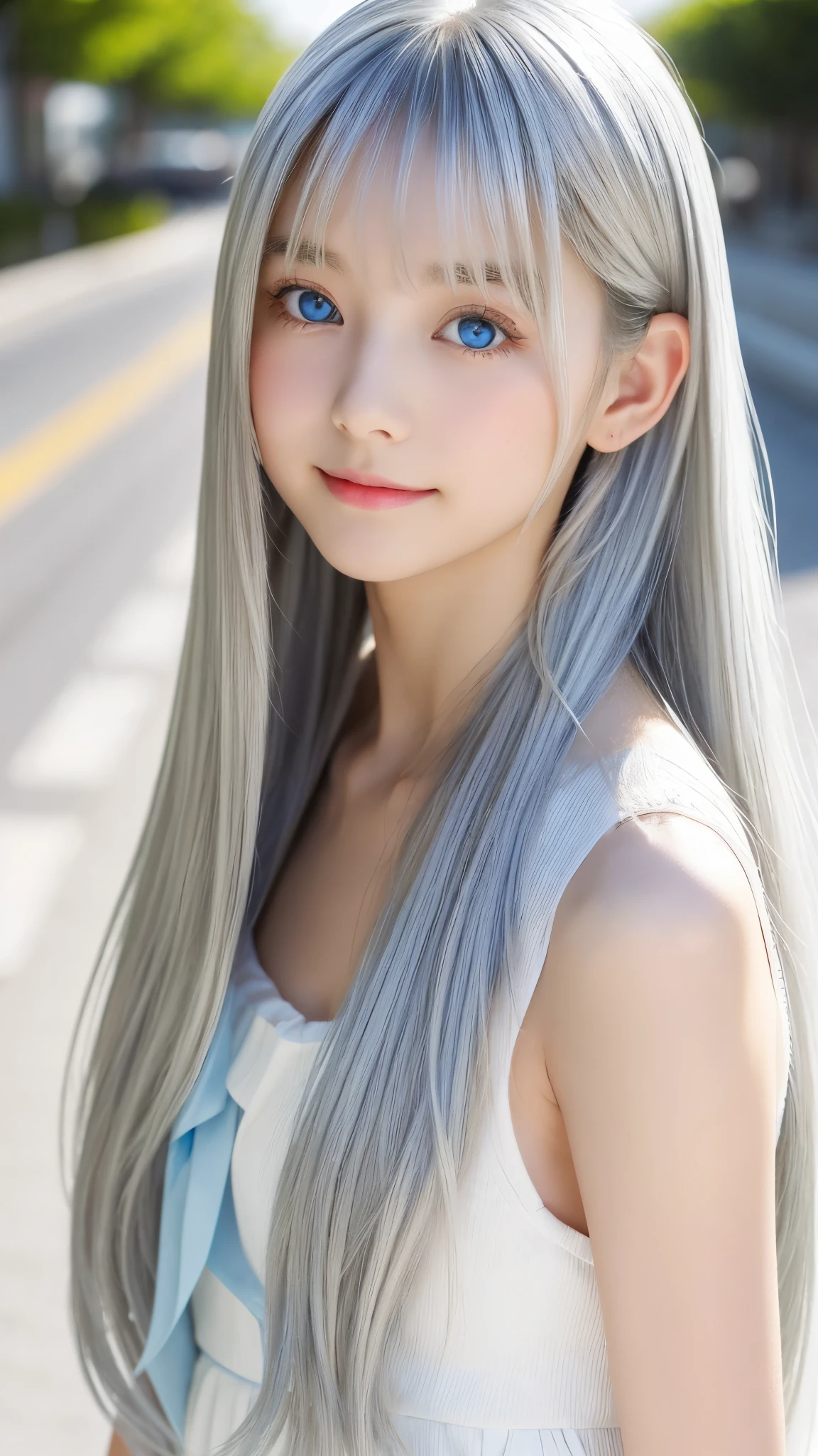 Shining, clear, white skin、Her windblown silver hair hides her beautiful face.、huge、28 years old cute sexy little beautiful face、Beautiful straight hair that stands out、growing up, Sparkling light blue eyes、long silky bangs that cover cute eyes, Sexy and cute young woman with super long hair hiding her sexy face、shining silver hair