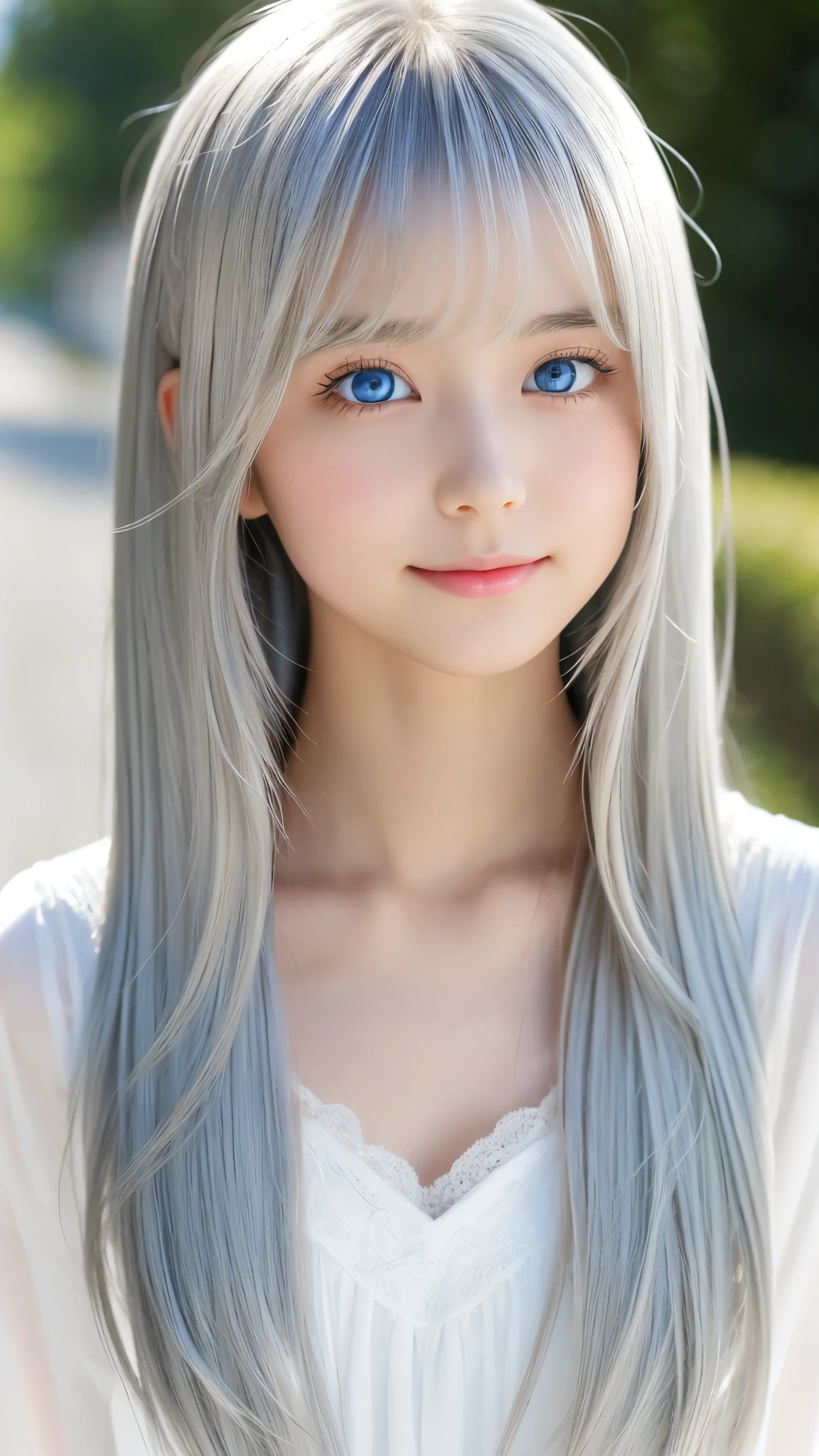 Shining, clear, white skin、Her windblown silver hair hides her beautiful face.、huge、28 years old cute sexy little beautiful face、Beautiful straight hair that stands out、growing up, Sparkling light blue eyes、long silky bangs that cover cute eyes, Sexy and cute young woman with super long hair hiding her sexy face、shining silver hair