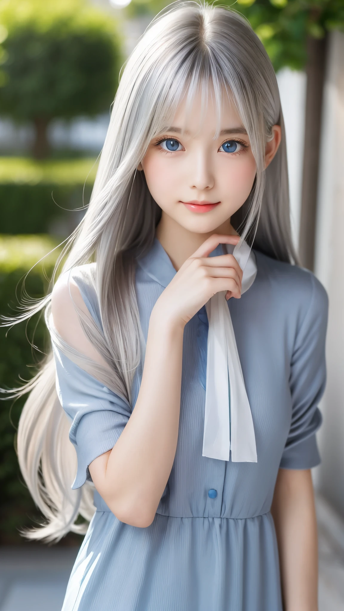 Shining, clear, white skin、Her windblown silver hair hides her beautiful face.、huge、28 years old cute sexy little beautiful face、Beautiful straight hair that stands out、growing up, Sparkling light blue eyes、long silky bangs that cover cute eyes, Sexy and cute young woman with super long hair hiding her sexy face、shining silver hair