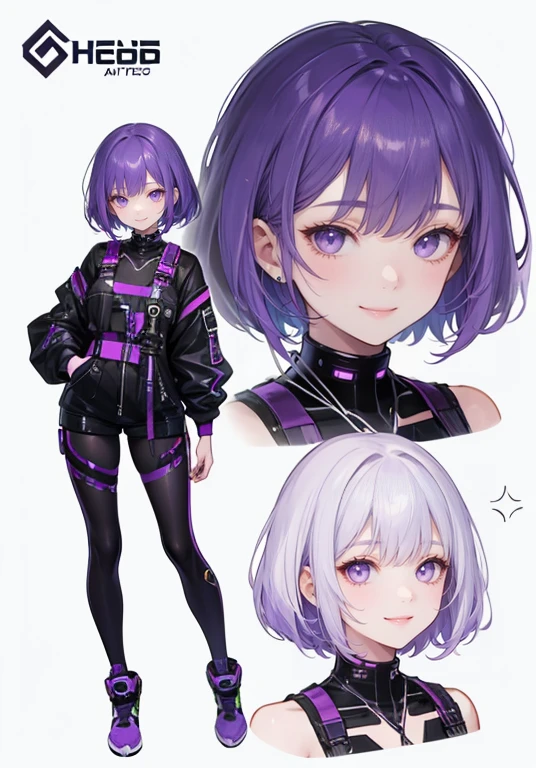Purple Hair,Shortcuts,girl,1 person,,((Harness)),,cyber punk,Simple Background,smile,full body,Full Body,Portraiture,Character Sheet