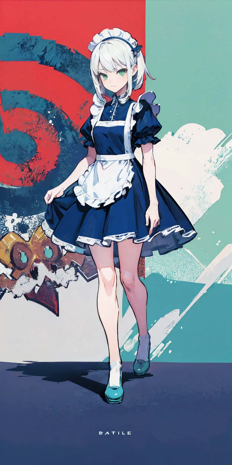 (masterpiece, top quality, best quality), pixel, pixel art, 1girl, full body, white hair, green eyes, blue maid dress