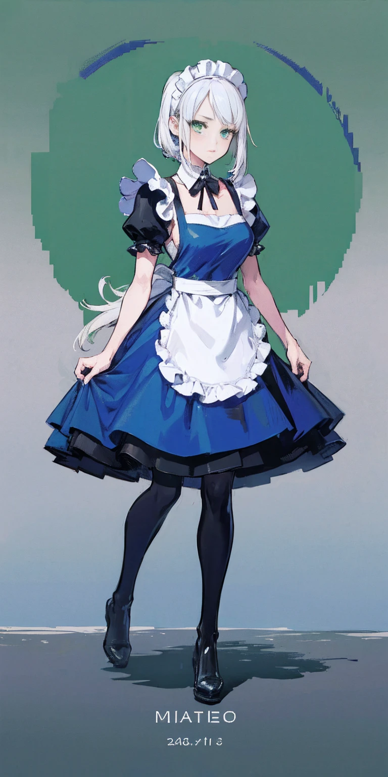 (masterpiece, top quality, best quality), pixel, pixel art, 1girl, full body, white hair, green eyes, blue maid dress