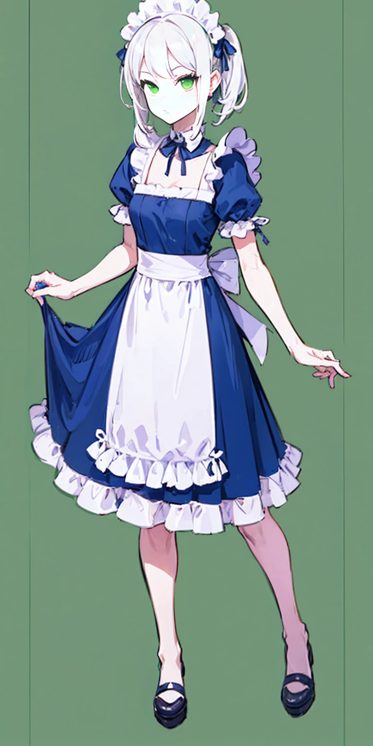 (masterpiece, top quality, best quality), pixel, pixel art, 1girl, full body, white hair, green eyes, blue maid dress