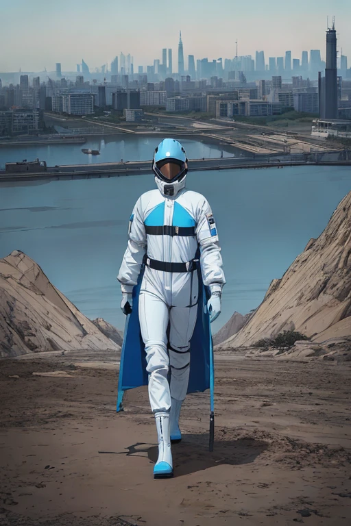 full body image,  (ultra detailed,ultra high res,detailed background),((2D)),((flat color)),((muted color)), 1solo, looking at viewer, white hazmat suit, (big red galoshes), plush collar, full body image, square helmet, ((smokey blue cityscape background)), ((apocalyptic city)), entire body in frame, 