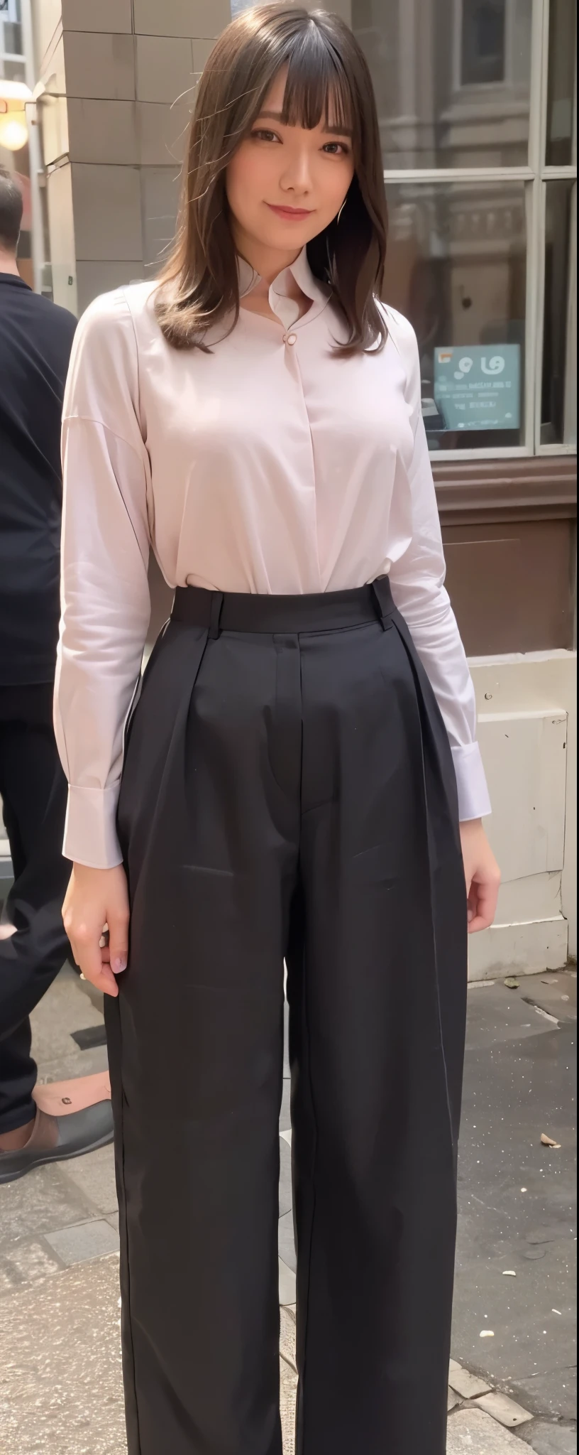 best quality, photorealistic, 8k, high res, 1girl, woman, (professional lighting), (portrait:0.6), (wearing spring blouse:1.2, long pants, make up:1.72), street style, black hair, (short hair:1.2), (1girl eyes looking at viewer:1.4), photorealistic, (bokeh), (portait:0.6), (dynamic pose:1.2), (smile:1.6),