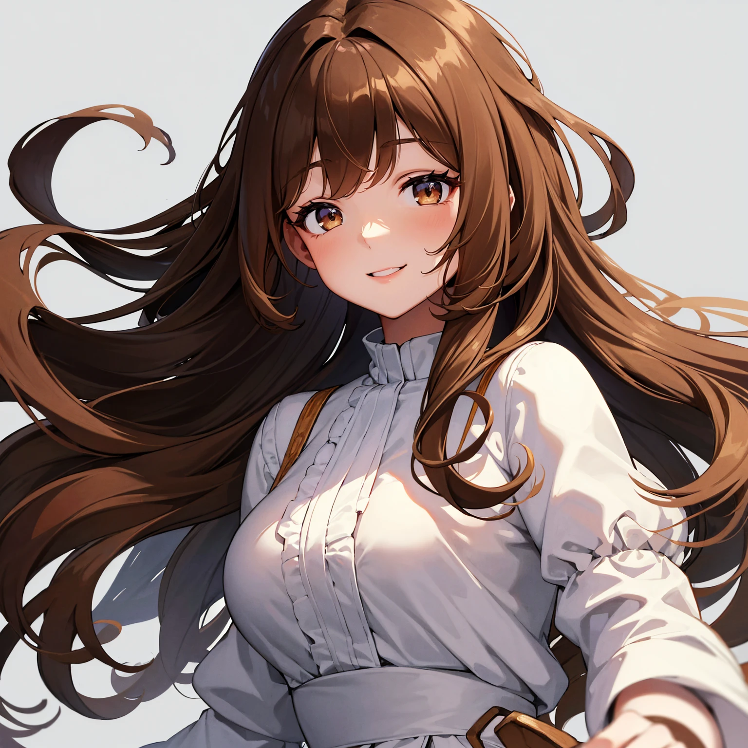 1girl, solo, upper body,
light brown hair, long hair, wavy hair
brown eyes, long eyelashes, thick eyelashes, looking at viewer,
smile,
white dress,
white background, simple background,