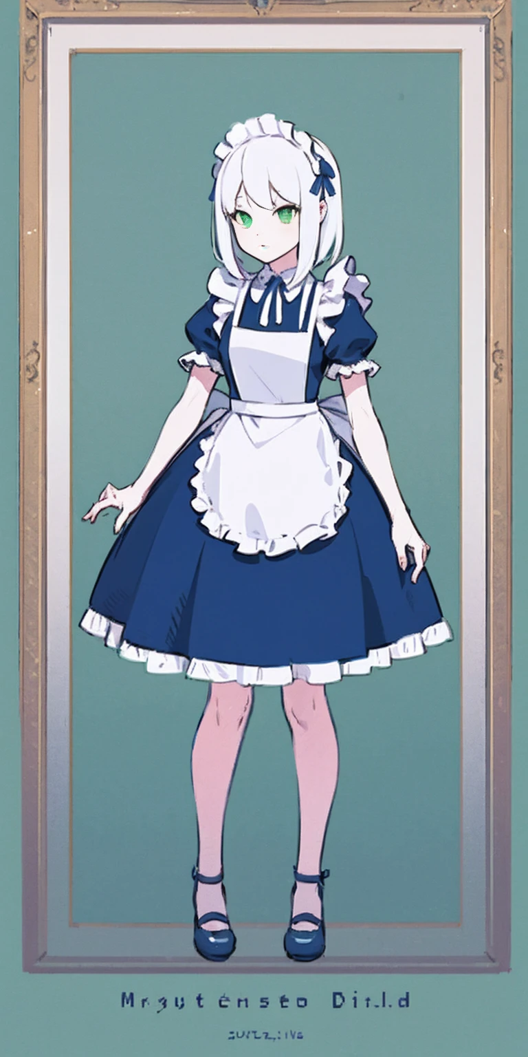 (masterpiece, top quality, best quality), pixel, pixel art, 1girl, full body, white hair, green eyes, blue maid dress