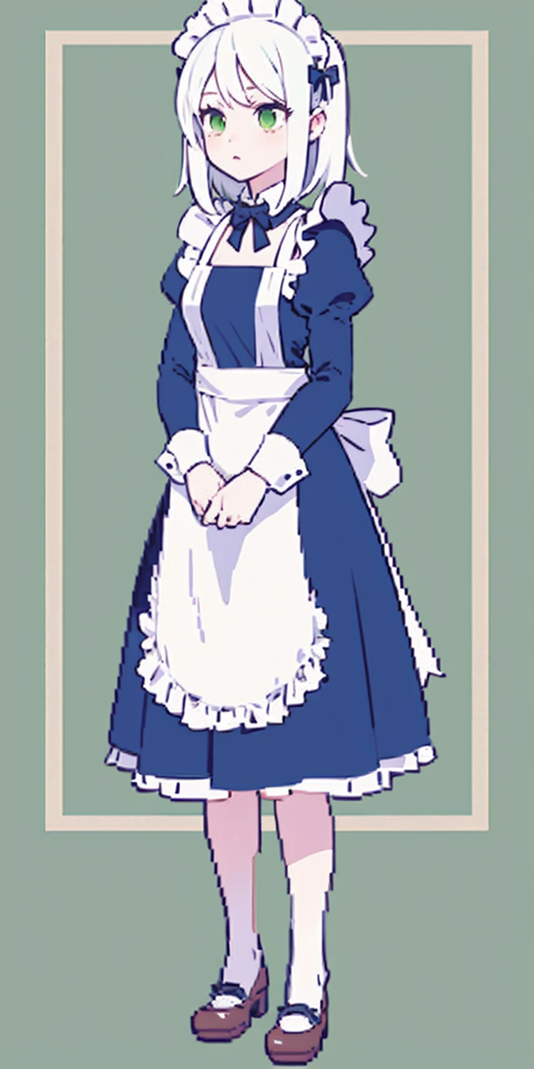 (masterpiece, top quality, best quality), pixel, pixel art, 1girl, full body, white hair, green eyes, blue maid dress