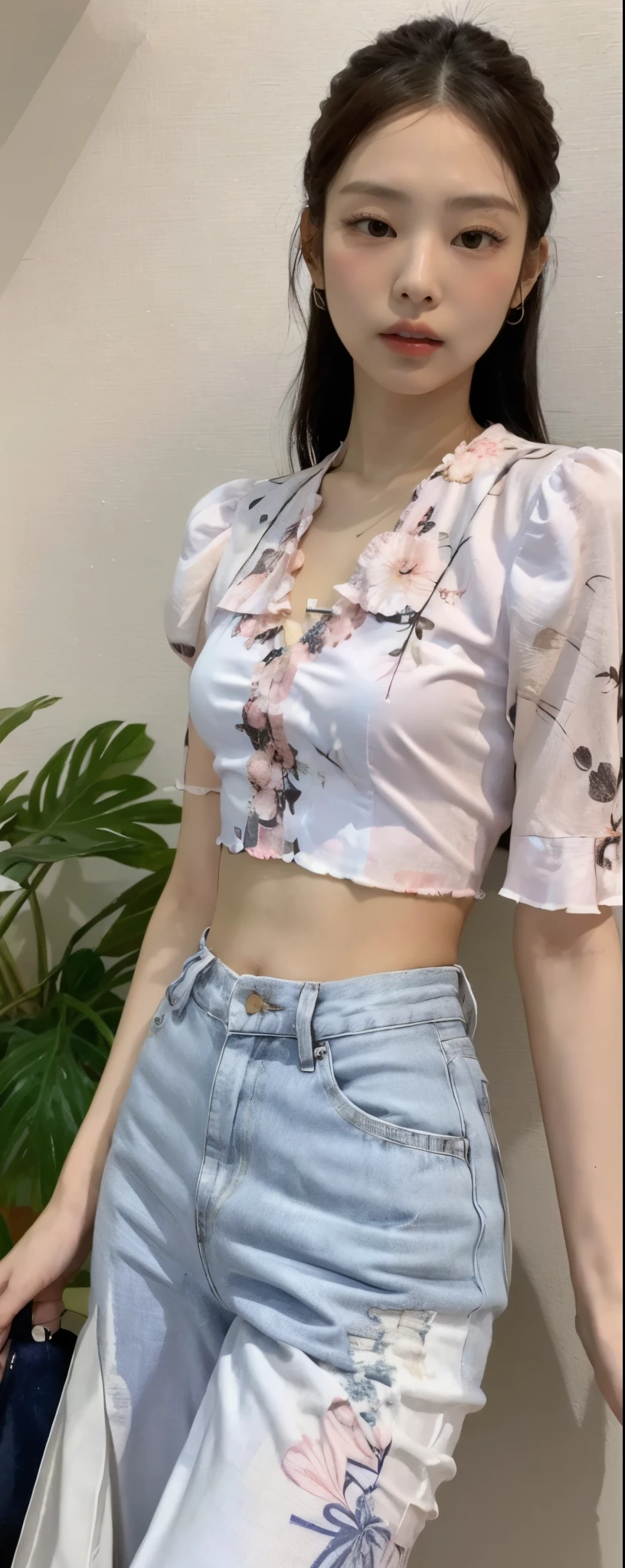 (1girl:1.3), solo, __body-parts__, Kim Ji-ni Jennie face,floral pattern blouse short puff sleeves, long pants, , 16k, resolution image,