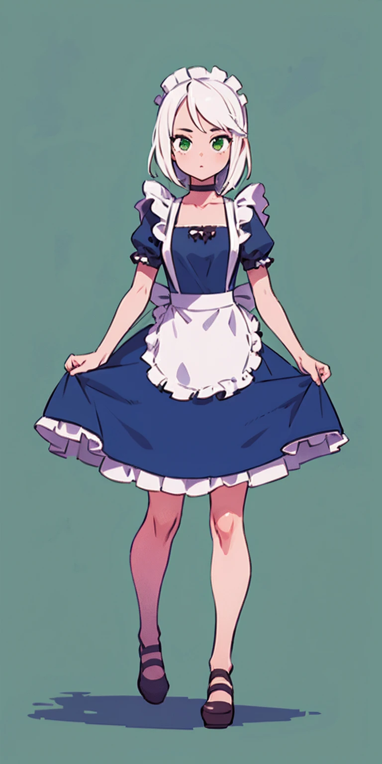 (masterpiece, top quality, best quality), pixel, pixel art, 1girl, full body, white hair, green eyes, blue maid dress