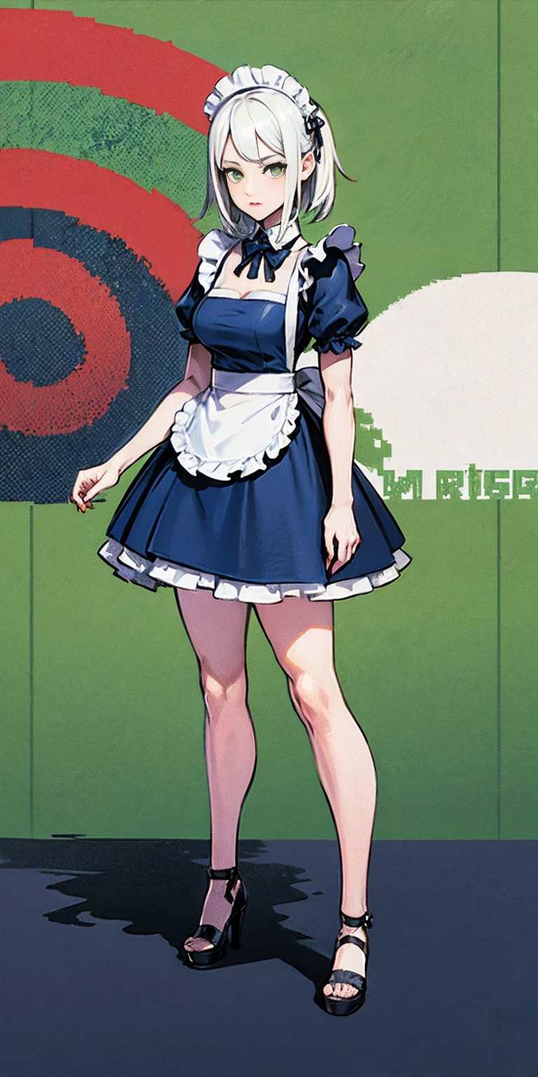 (masterpiece, top quality, best quality), pixel, pixel art, 1girl, full body, white hair, green eyes, blue maid dress