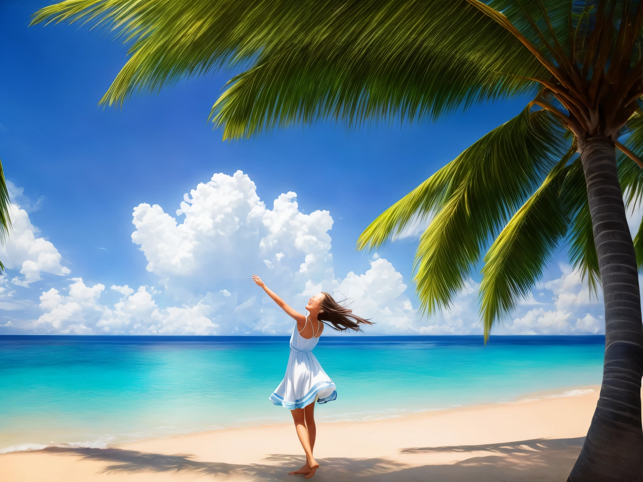A girl playing around on the Blue Coast, with a blue sky, white clouds, and coconut trees. (best quality,4k,8k,highres,masterpiece:1.2),ultra-detailed,(realistic,photorealistic,photo-realistic:1.37), vivid colors, beach scenery, sea breeze, sandy beach, joyful expression, flowing dress, tropical paradise, crystal clear water, vibrant sunlight, serene atmosphere, palm tree shadows, gleaming ocean waves, playful laughter
