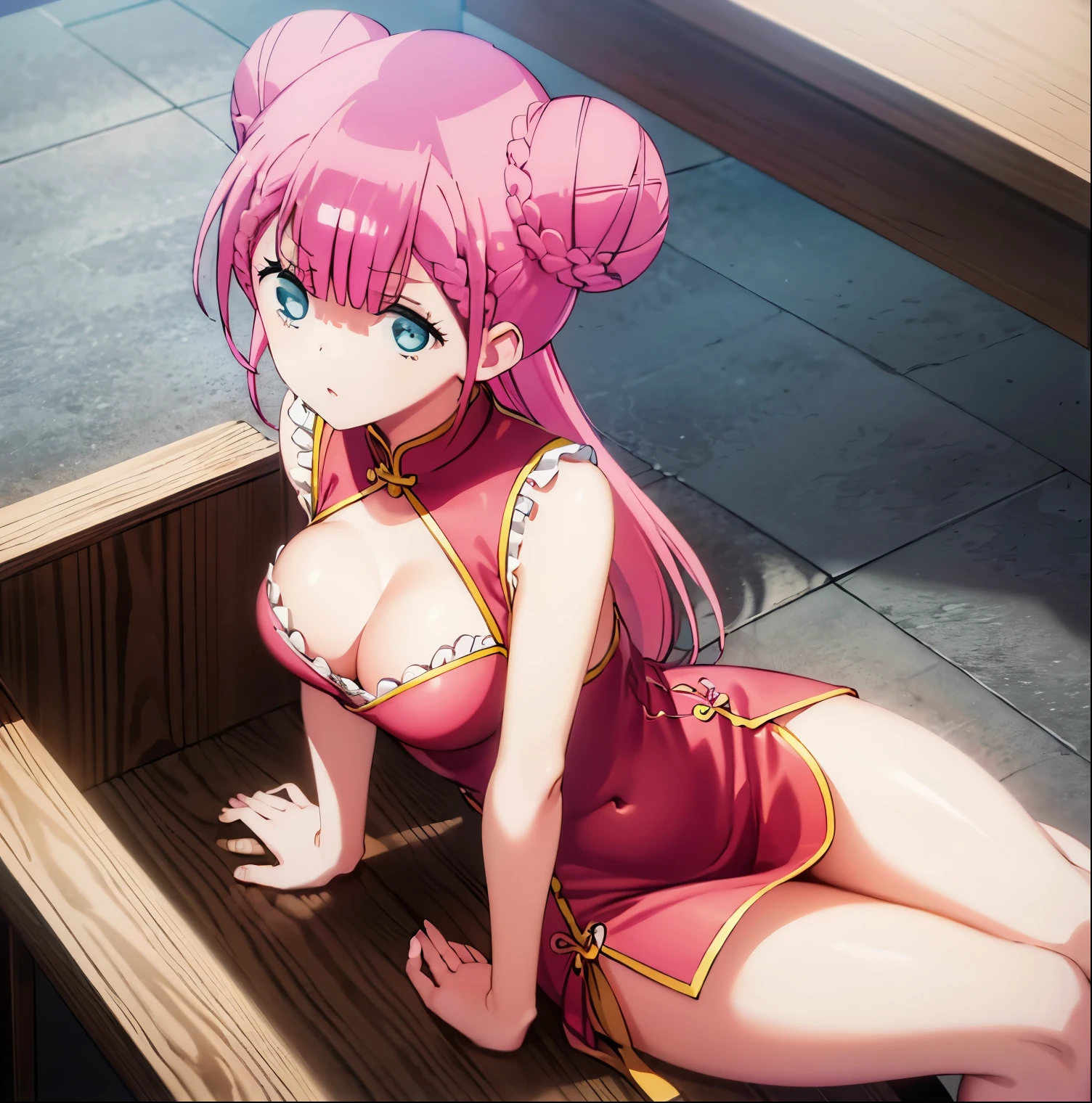 1girl,solo,mafuyu kirisu,masterpiece,best quality,high resolution,1girl,solo,double bun,pink hair,blue eyes,hair between eyes,braid,big breasts,chinese dress,bare waist,cleavage,bare legs,lounge class, sitting, legs open, looking at the viewer, poc (from above), big breasts, medium waist, wide hips, medium thighs, perfect anatomy, perfect hands