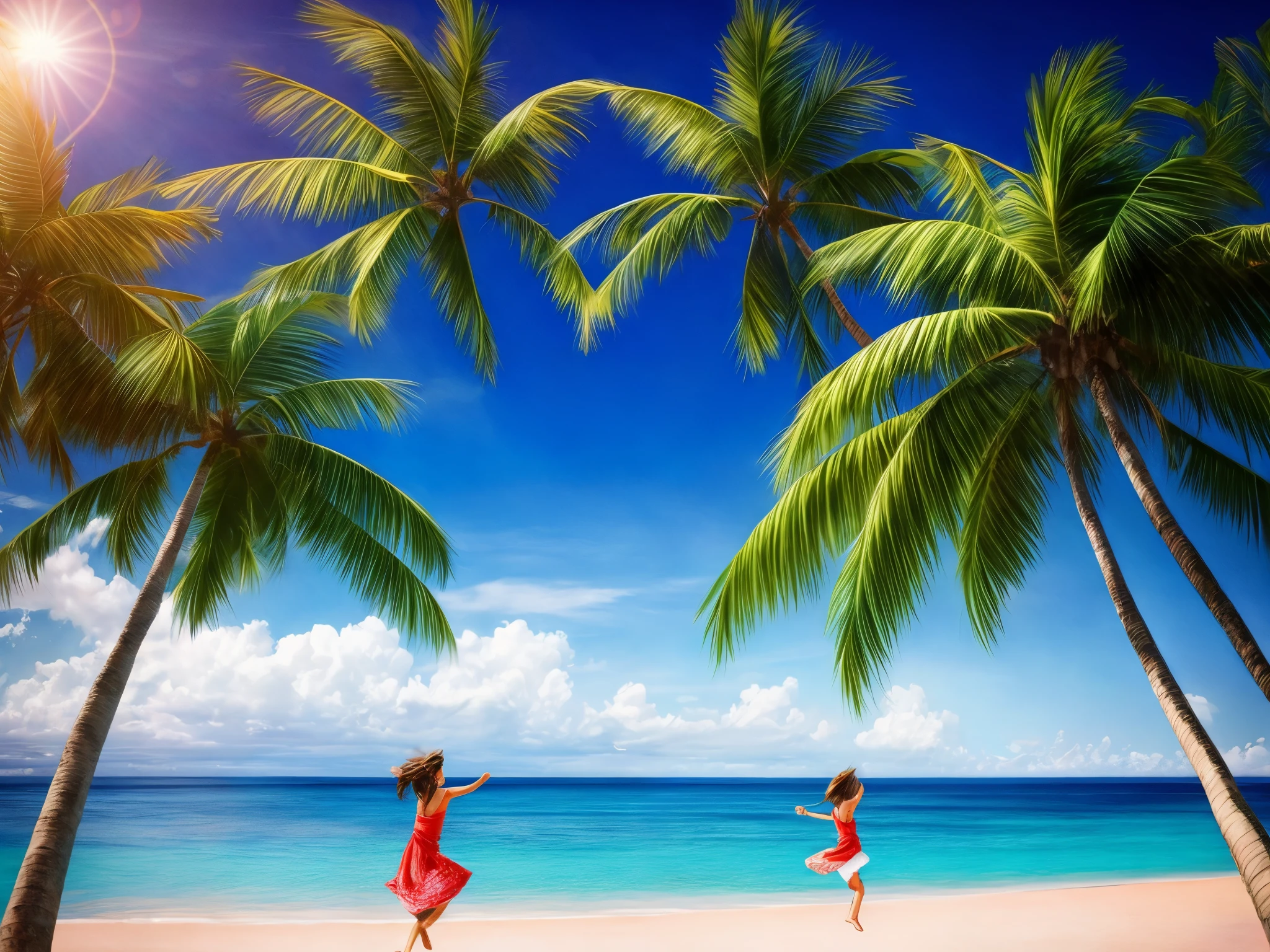 A girl playing around on the Blue Coast, with a blue sky, white clouds, and coconut trees. (best quality,4k,8k,highres,masterpiece:1.2),ultra-detailed,(realistic,photorealistic,photo-realistic:1.37), vivid colors, beach scenery, sea breeze, sandy beach, joyful expression, flowing dress, tropical paradise, crystal clear water, vibrant sunlight, serene atmosphere, palm tree shadows, gleaming ocean waves, playful laughter