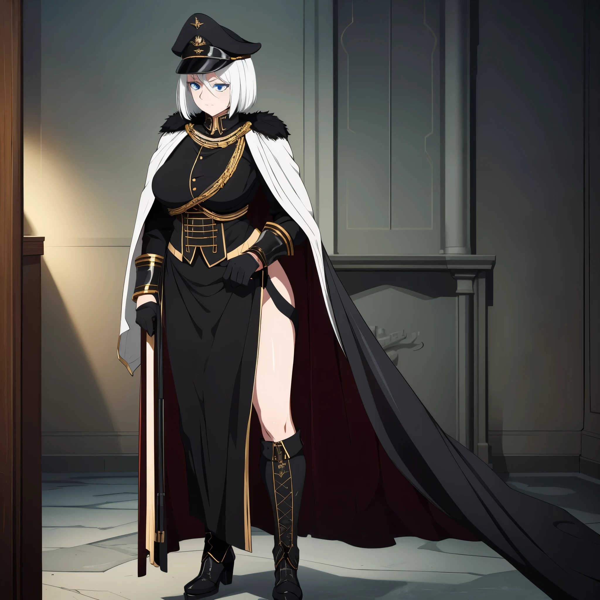 A woman wearing a black Prussian military dress with gold details, gold shoulder pads, black metal boots, black metal bracelet, black military hat with gold details, short white hair, ice blue eyes, gold fur cape,(woman solo ),HDR, ultra resolution, well defined, masterpiece, 8K HD