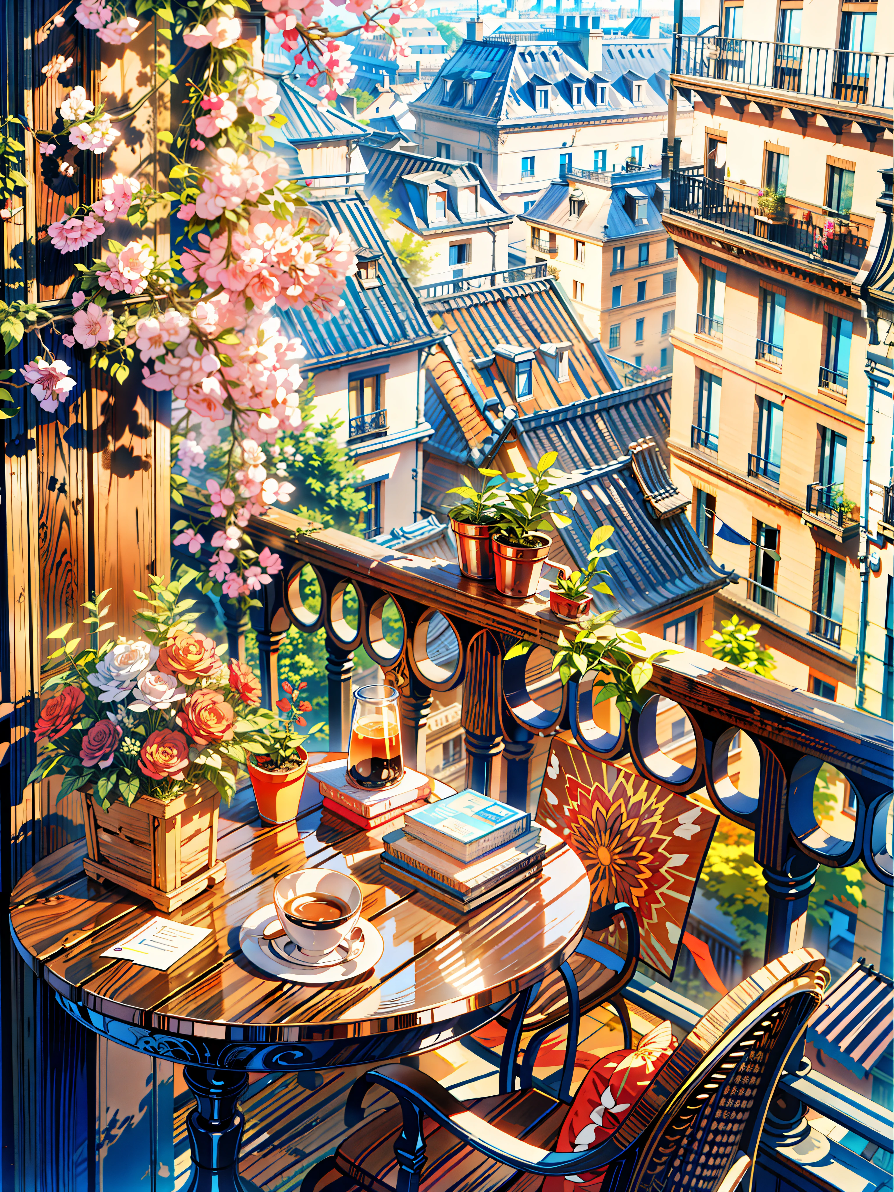a cup of coffee sitting on top of a wooden table, beautiful terrace, terrace, balconies, paris background, balcony, sitting in french apartment, plants on balconies, pleasant cozy atmosphere, on a balcony, cozy cafe background, morning coffee, rooftop romantic, paris, with eiffel view, paris city, cozy place, springtime morning, cozy atmosphere, 4k hd, beautiful art uhd 4 k, a beautiful artwork illustration, beautiful digital painting, highly detailed digital painting, beautiful digital artwork, detailed painting 4 k, very detailed digital painting, rich picturesque colors, gorgeous digital painting