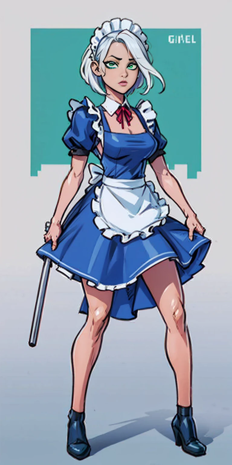 (masterpiece, top quality, best quality), pixel, pixel art, 1girl, full body, white hair, green eyes, blue maid dress