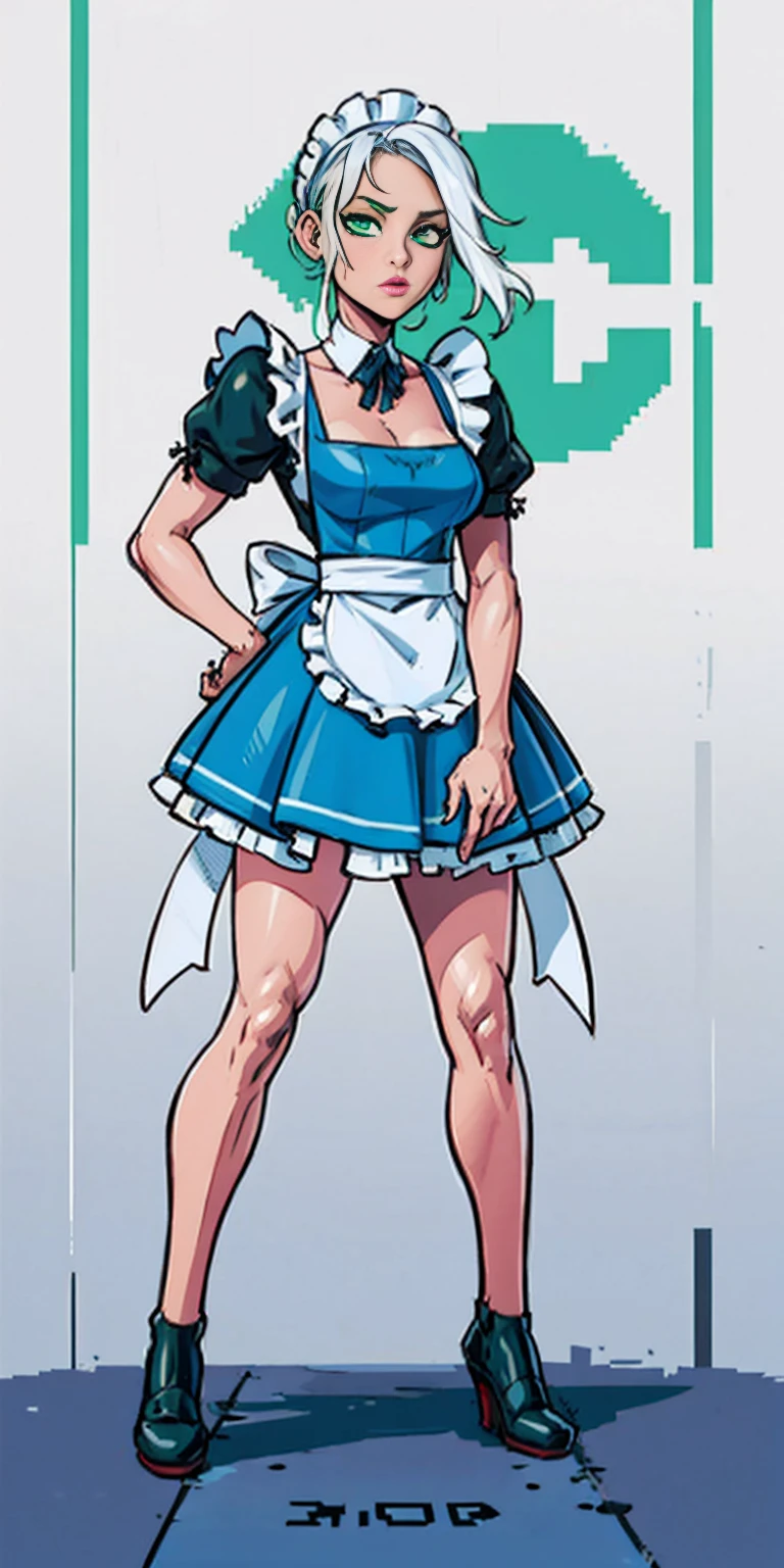 (masterpiece, top quality, best quality), pixel, pixel art, 1girl, full body, white hair, green eyes, blue maid dress