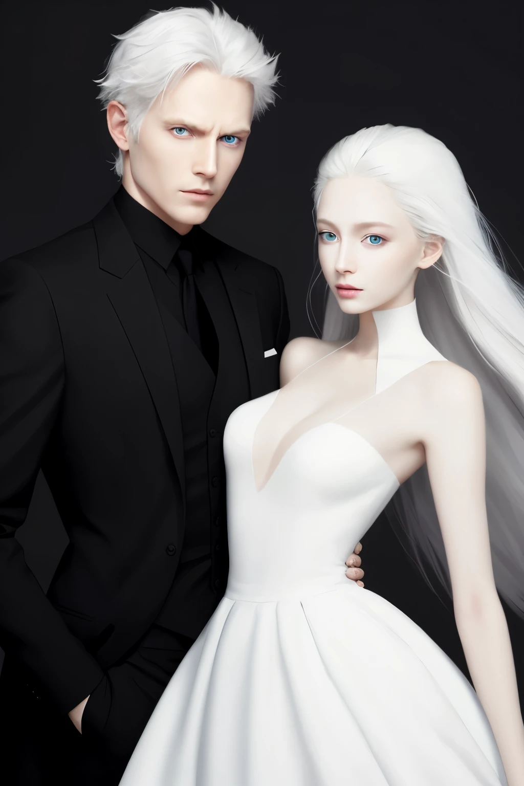 Middle-aged man dressed as a gangster, blue eyes, white hair, white skin, with a cold temper, and a woman in her 20's dressed in a long black dress, red hair and green eyes, white skin, with a fierce look, another white man with black hair, 40 years old, wearing a black suit and another woman with black hair and brown eyes, 28 years old, dressed in a white dress.