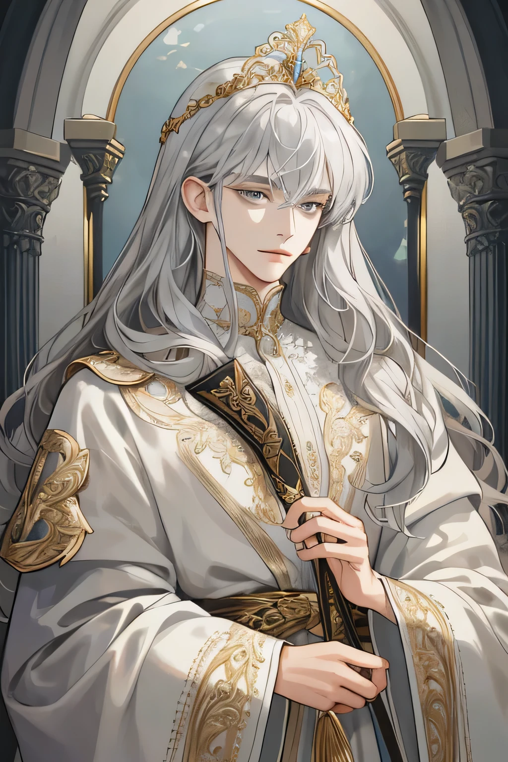 (extreamly delicate and gentle:1.2), 8K,(masterpiece:1.0),(best_quality:1.0), 1 boy, and intricate detailing, Enlarged textures, and intricate detailing, finely eye and detailed face, and intricate detailing, silver gold long curl Hair, (closed mouths), Perfect eyes, Equal eyes, grey eyes ,sharp eyes (A male god) with tiara emporer
